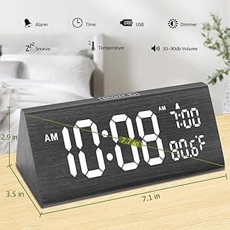 DreamSky Wooden Digital Alarm Clock for Bedroom - 7.7" Electric Clocks with USB Port, Large Numbers, Temperature, 0-100% Brightness Dimmer, Adjustable Alarm Volume, Snooze, 12/24H