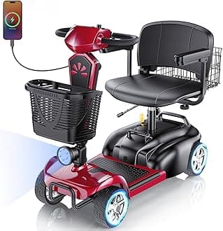 15/25/30/50Miles Eldryvon 4 Wheels Electric Mobility Scooter for Seniors, Dual Basket, 350W Powered Wheelchair with Rotating Seat, Foldable Motorized Scooter for Adults (Red, 15Miles)