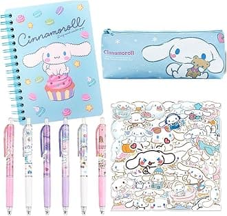 HASTHIP® 9Pcs Kawaii Cinnamoroll School Supplies Set, Kawaii Stationeries Supplies Set with Notebook, Pencil Pouch, Click Pens, Assorted Cinnamoroll Cartooon Stickers, Girls School Gift Set