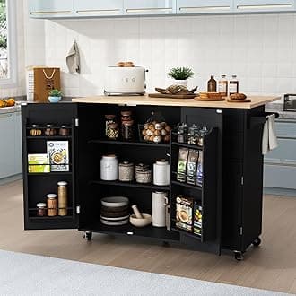 HLR Kitchen Island with Storage, Black Rolling Kitchen Island on Wheels with Drop-Leaf Bar Countertop, Island Table for Kitchen with Side Open Spice Rack and Tower Rack, Extra Storage for Kitchen