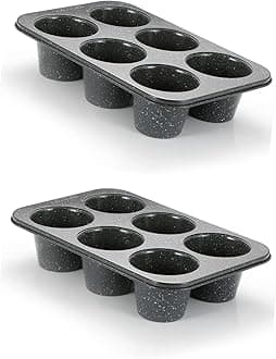 Monfish 2PCS Deep Jumbo Muffin Pan 6 Cup Carbon Steel Black Stone non Stick Coating Muffin Tin 3.5diax3 cup