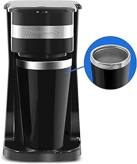 EHC111A Personal Single-Serve Compact Coffee Maker Brewer Includes 14Oz. Stainless Steel Interior Thermal Travel Mug, Compatible with Coffee Grounds, Reusable Filter, Black