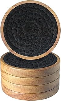 Drink Coasters Set of 5, Coasters for Drinks Absorbent, Wood Coasters for Coffee Table, Housewarming Gift for Farmhouse Home Decor,4 inches (Black)
