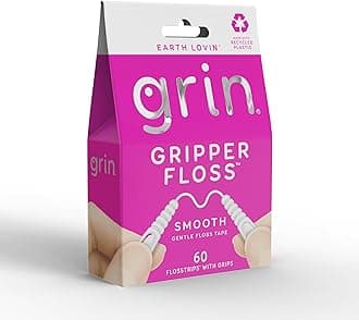 Gripper Floss, Individually Wrapped Smooth Dental Floss, 60 Count, Minty Flavor, Recyclable Packaging, Gentle Floss Tape, Finger Grips with Safe Fold Back Pick, No Shredding or Breaking