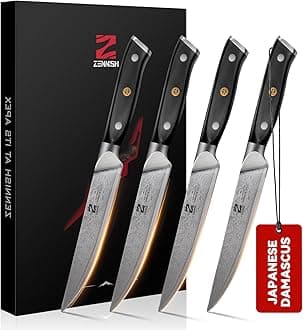 Steak Knives Set, 5 Inch Non-Serrated Steak Knives Set of 4, Japanese AUS-10 Steel Core with 67-Layer Damascus Cladding, Full Tang G10 Handle in Premium Gift Box