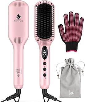 Enhanced Hair Straightener Heat Brush by MiroPure, 2-in-1 Ceramic Ionic Straightening Brush, Hot Comb with Anti-Scald Feature, Auto Temperature Lock & Auto-Off Function (Pink) 4 Piece Set