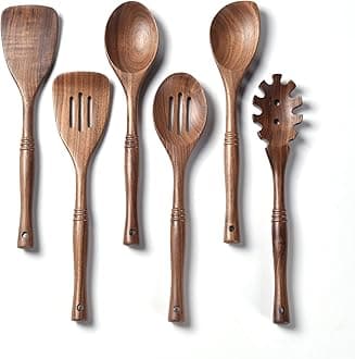 Gudamaye 12 inch Black Walnut Wooden Utensils - 6 Pcs Crafting Spoon Set for Cooking