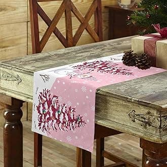 Christmas Table Runner - Cotton Linen 72 Inches, Snowman Rustic Pink Snowflake Bed Runner Dress Scarves, Farm Xmas Tablerunner for Dining/Holiday/Coffee Table 13" x 72"