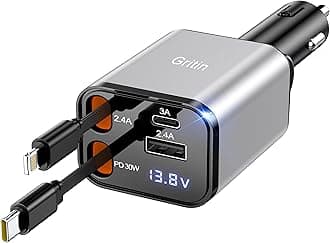 Gritin Retractable Car Charger, 69W Super Fast 4 in 1 USB C Car Charger Adapter with Smart Device-Adaptive Charging Technology& Current Display, Car Accessories for Phone, Android- Silver