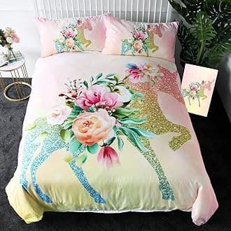 Sleepwish Unicorn Queen Bedding Sets Glitter Unicorn Rose Bed Set for Adults Women 3 Pieces Watercolor Pink Unicorn Rose Comforter Cover Queen Size