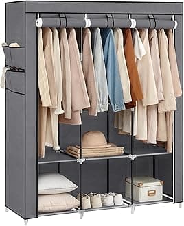 Clothes Wardrobe, Portable Closet with Cover, 130 x 45 x 167 cm, 3 Hanging Rails, Shelves, 4 Side Pockets, Large Capacity for Bedroom, Living Room, Grey RYG092G02