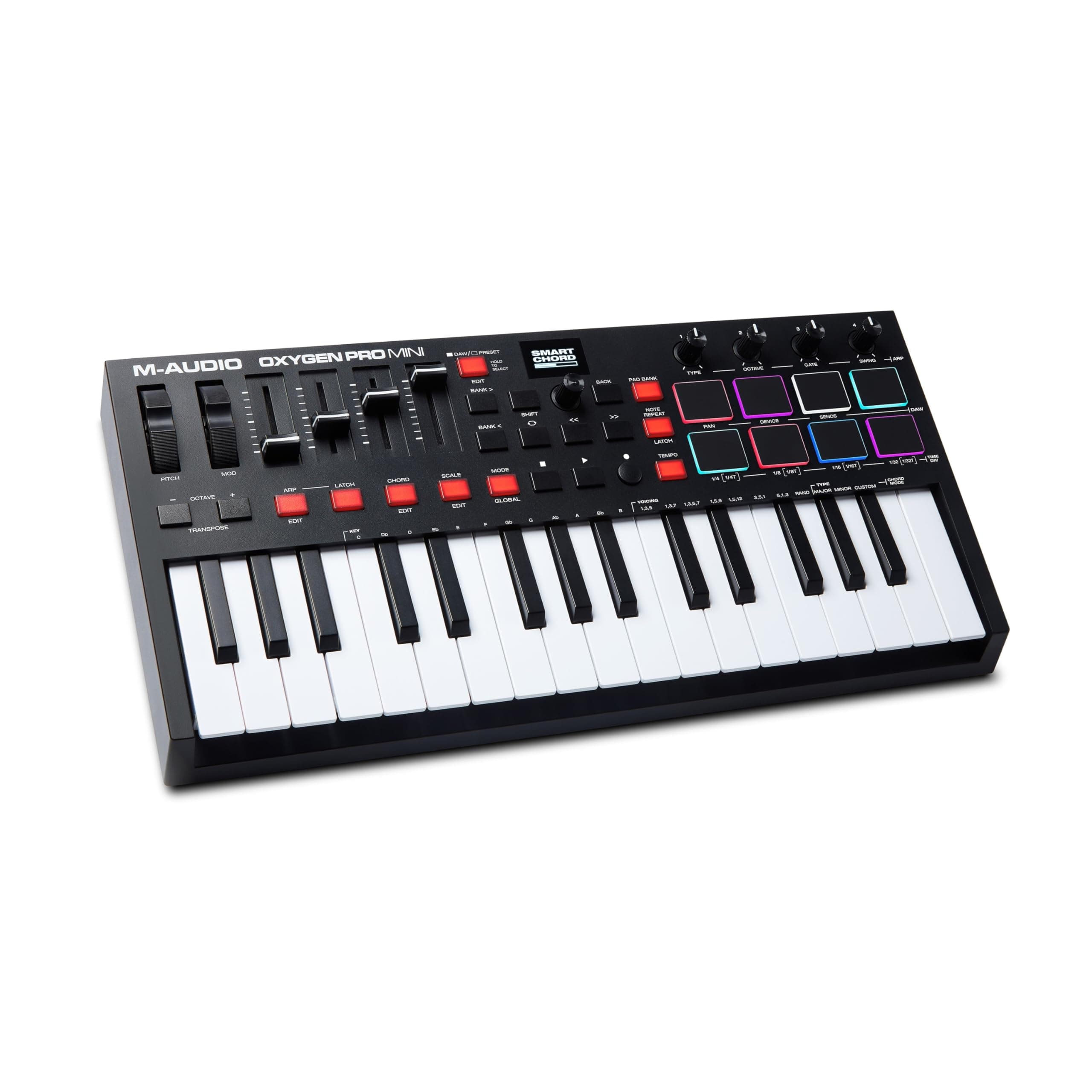 M-Audio Oxygen Pro Mini 32 Key USb Midi Keyboard Controller With Beat Pads, Midi Assignable Knobs, Buttons & Faders And Software Suite Included, Black