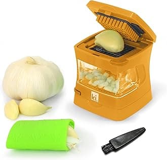 Garlic-A-Peel Garlic Press, Crusher, Cutter, Mincer, and Storage Container - Includes Silicone Garlic Peeler - Easy to Clean - Stainless Steel Blades – (Honey), standard