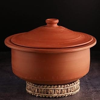 Swadeshi Blessings Exclusive Range Unglazed Clay Pot for Cooking & Serving with Lid/Earthen Kadai/Mud Handi/Mitti Ke Bartan (with Mirror Shine) + ASH for Cleaning (2 Liters)