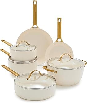 GreenPan Hard Anodized Healthy Ceramic Nonstick 10 Piece Cookware Pots and Pans Set, Gold-Tone Stainless Steel Handles, PFAS & PFOA-Free, Dishwasher Safe, Oven & Broiler Safe, Cream White