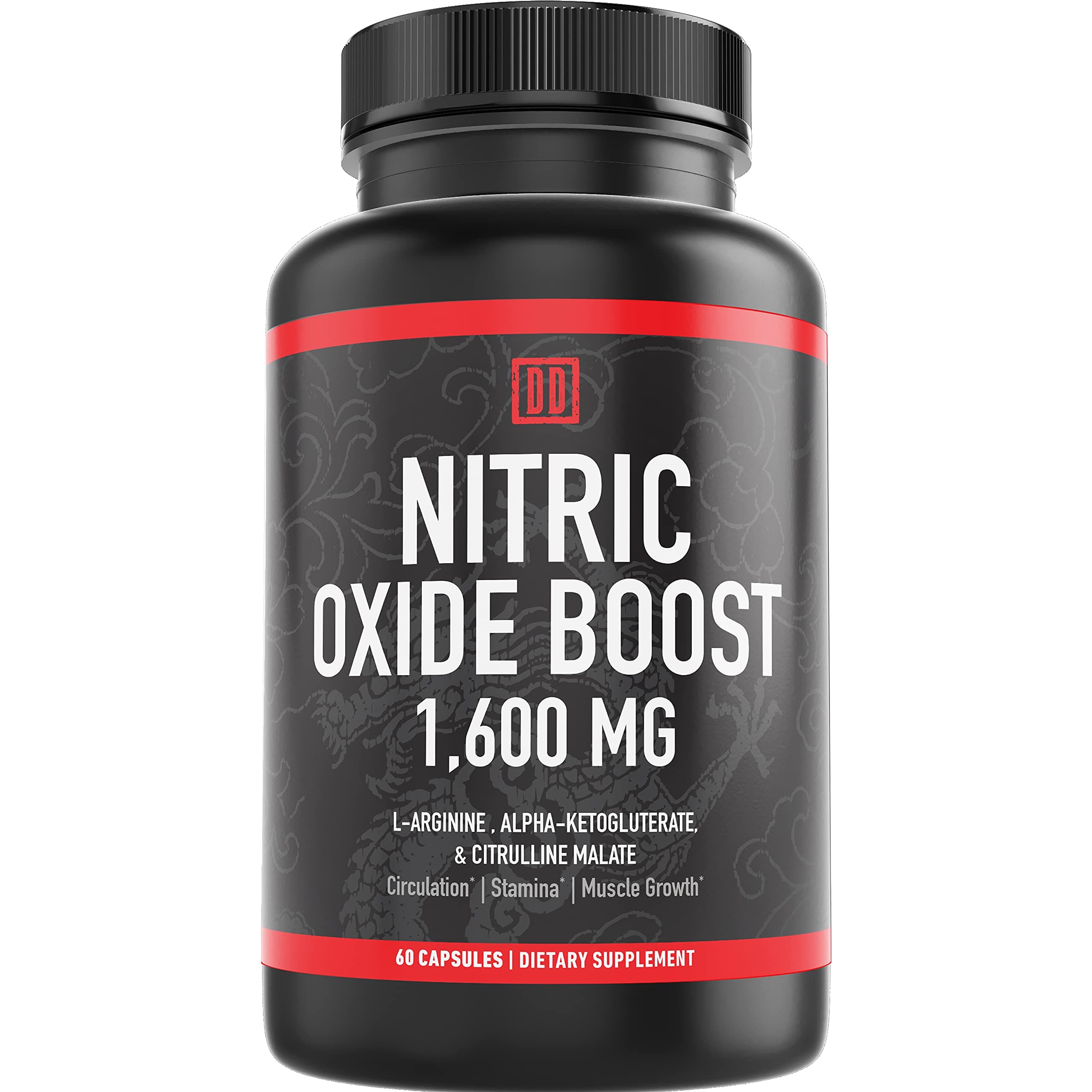 Nitric Oxide Booster Supplement, 1600mg Extra Strength L-Arginine, Citrulline Malate, and Alpha-Ketoglutarate (60 Count, 1 Bottle)
