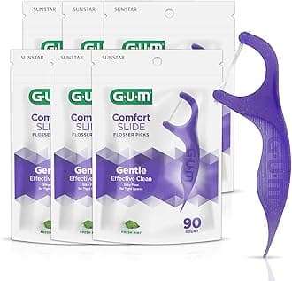 GUM Comfort Slide Floss Picks - Perfect for Tight Teeth - Extra Strong Shred-Resistant Dental Floss, Easy Grip Handle - Dental Flossers for Adults - Fresh Mint Flavor, 90 ct (6pk)
