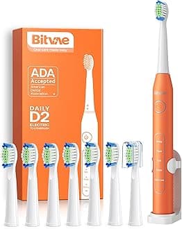 Bitvae Ultrasonic Electric Toothbrush for Adults and Kids, Electric Toothbrush with Rechargeable Power, 8 Toothbrush Heads and 5 Modes, Orange D2
