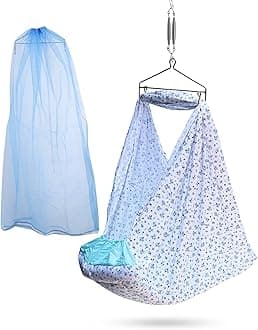 beetot Baby Cradle Set Swing/Jhula (Thottil Cloth, Palna, Dolna) | Hanging Cradle with Removable Bed, Mosquito Net, Spring, Triangle Hanger | Up to 15 kg | 0-2 Years | PRE-Floral Print Blue
