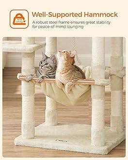 Feandrea Cat Tree, 56.3-Inch Cat Tower for Indoor Cats, Multi-Level Cat Condo with 11 Scratching Posts, 2 Perches, Cave, Hammock, Beige UPCT15BE