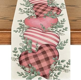 Pink Eucalyptus Hearts Valentine's Table Runner, Anniversary HoliKitchen Dining Table Decoration for Home Party Decor 13x120 Inch