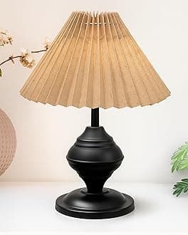 Homesake® Bedside Black Metal Table Lamp with Fabric Shade, Incandescent, E27 Holder, Desk Lamp, Night Lamp, Office, Nightstand, Table Lamp for Living Room, Study Room, Kids Room, Pleated (Khadi)
