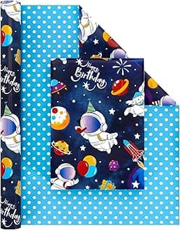WERNNSAI Space Reversible Wrapping Paper Roll - 1 Roll 17” x 33 ft Happy Birthday Wrapping Paper Kids Blue Space Birthday Gift Wrap Roll Boys Wrapping Paper Polka Dot Design Outer Space Party Favor