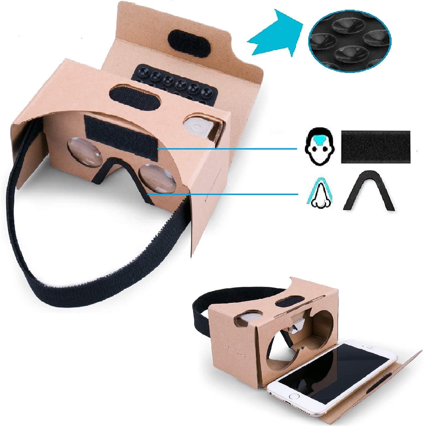 Multiple Complete Set of Google Cardboard V2 Version 2 Virtual Reality (VR) 3D VR Box for All Types of iPhone and Android Phone - Free Head Strap, Nose/Forehead pad and Sucker (1 Pack, Original)