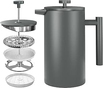 KICHLYStainless Steel Piston Coffee Maker - Espresso and Tea Maker with Triple Filters - Heat Resistant Glass with Steel Plunger - Portable Coffee Maker - 34 Oz (1.0 Litre) - Grey