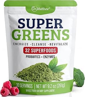 Green Juice Powder. Supergreens Superfood Powder. Detox Greens for Bloating and Digestion. Veggie Powder with Probiotics & Enzymes. Chlorella, Spirulina, Wheat Grass, Ashwagandha. 32 Superfoods