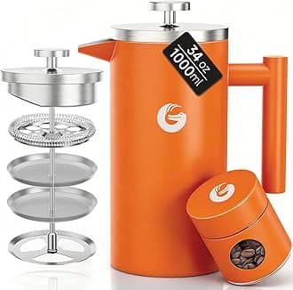 Coffee Gator Cafetiere Coffee Maker - Less Sediment, Hotter-For-Longer, Thermal French Press Brewer - Large Capacity, Double-Wall Insulated, Dishwasher-Safe Stainless Steel - 1 litre - Orange
