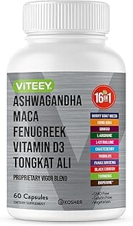 Viteey Ashwagandha Maca Fenugreek Supplement with Tongkat Ali – Drive, Passion & Energy Support for Men & Women – Mood, Calm & Stress Support - 60 Capsules