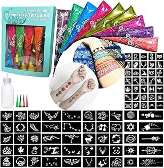9 Pcs 9 Color Temporary Tattoo Kit, with 5 Page total 85 Tattoo Stencils Sticker India Temporary Body Art Paint Ink Set, Brown, Black, Maroon, Red, Blue, Green