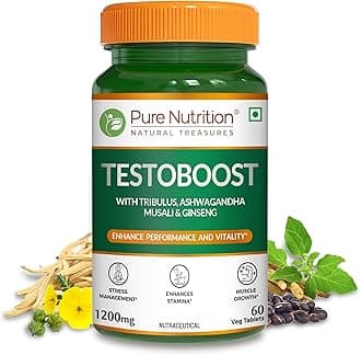 Pure Nutrition Testosterone Support for Men with Tribulus, Gokshura, Ashwagandha, Safed Musali, Kaunch Beej & Ginseng | Supports Energy, Endurance & Strength | 60 Veg Tablets