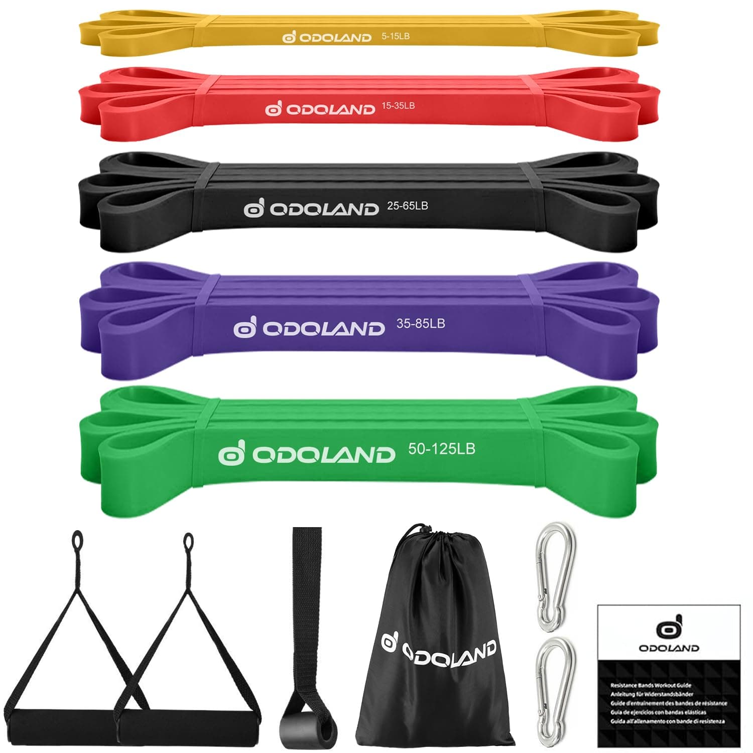 Odoland 5 Packs Pull Up Assist Bands, Pull Up Straps, Resistance Bands with Door Anchor and Handles, Stretch Mobility, Powerlifting and Extra Durable Exercise Bands with eGuide