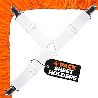 Bed Sheet Holder Corner Straps - 4 pcs White, Mattress Cover Clips to Hold Sheets in Place, Adjustable Bed Bands, Elastic Fasteners/Grippers/Suspenders Fitted for Bedding, Keepers, Bedsheet Tie Downs