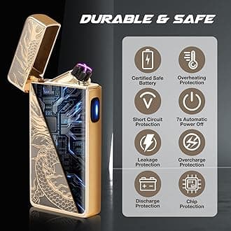 LcFun Electric USB Rechargeable Lighter, Windproof Plasma Dual Arc Lighter, Electronic Flameless Cool Lighters Gifts for Men Fathers Husband (Gold Dragon)