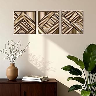 Tatuo 3 Pcs Geometric Wood Wall Art Decor, Modern Slatted Wood Design Wall Sculpture Panels with 3D Hollow Craft Art, Boho Abstract Decor for Living Room Bedroom Bathroom Home Office Kitchen