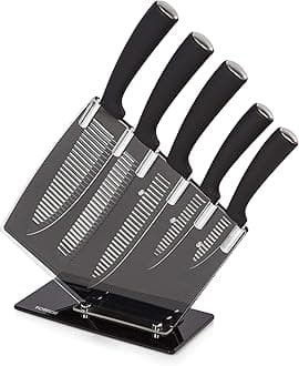 Kitchen Set with Acrylic Knife Block, Black and White Groove Blades Handles, 5-Piece, Stainless Steel