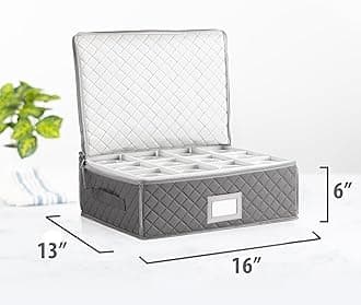 China Cup Storage Chest - Quilted Fabric Container in Gray Measuring 16" x 13" x 6"H - Perfect Storage Case for Coffee Cups - Tea Cups - Mugs