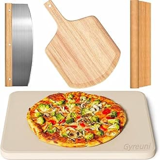 4 PCS Rectangle Pizza Stone Set, 15" Large Pizza Stone for Oven and Grill with Pizza Peel(OAK), Pizza Cutter & 10pcs Cooking Paper for Free, Baking Stone for Pizza, Bread