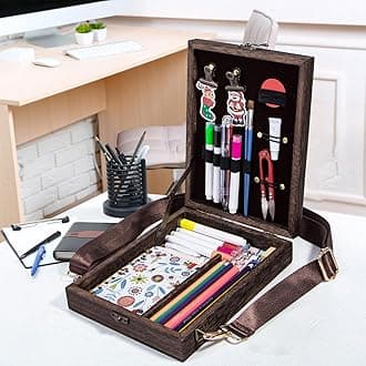 Useekoo Writers Messenger Wooden Box with Hinged Lid Front Clasp,9.8"x7.5"x2.4", Multifunctional Retro Handmade Portable Artist Tool Storage Case Postman Bag Sketch Art Easel for Painting