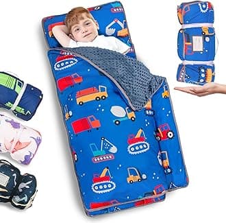 Nap Mat- Toddler Nap Mat with Pillow & Fleece Blanket- 55''*23''*2'' Nap Mat for Toddlers- Nap Mats for Preschool, Daycare（Rubber Band Style Blue Excavator）