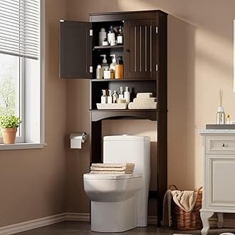 Over the Toilet Storage Cabinet with Adjustable Shelf and Double Doors, Bathroom Space Saver Organizer Above Toilet with Open Shelf, Taller Wooden Free Standing Toilet Rack -Espresso