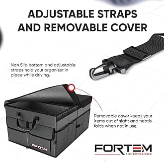 Fortem Car Trunk Organizer, Car Storage Organizer, Collapsible Multi Compartment Car Organizer, SUV Trunk Organizer, Non Slip Bottom, Adjustable Securing Straps, Foldable Cover (Grey)