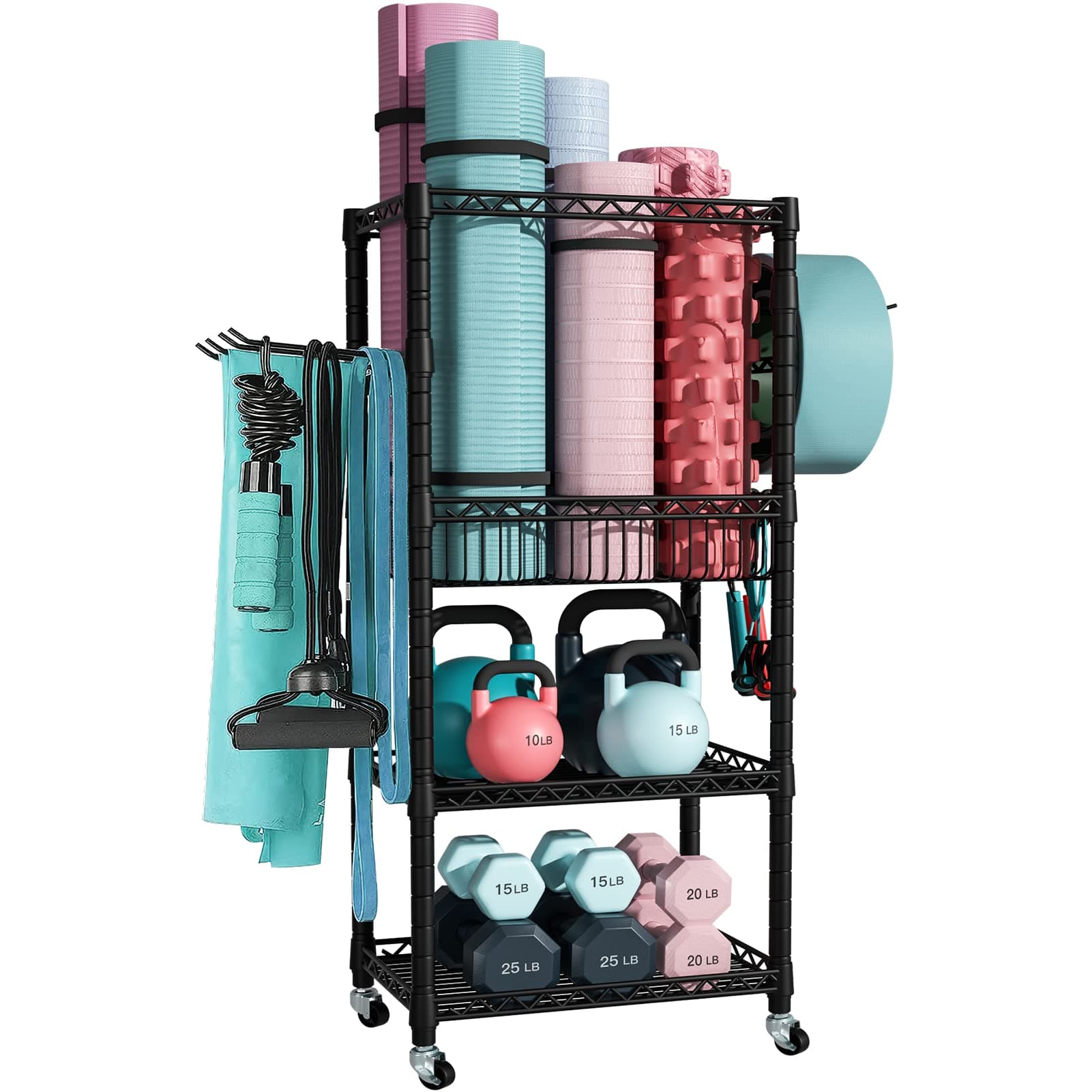 FUTASSI Home Gym Storage, 3 Tiers Workout Equipment Organizer with Wheels for Yoga Mats, Foam Roller, Dumbbells, Kettlebells, and Resistance Bands