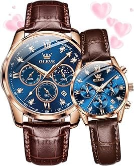 OLEVS Valentines Couple Pair Quartz Watches His and Her Couple Set Leather Chronograph Diamond Wrist Watch Men Women Lovers Wedding Romantic Gifts Set of 2