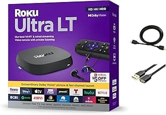 Ultra LT Streaming Device 4K/HDR/Dolby Vision/Dual-Band Wi-Fi with Roku Voice Remote and HDMI Cable, with MTC HDMI Cable and USB Extension Cord