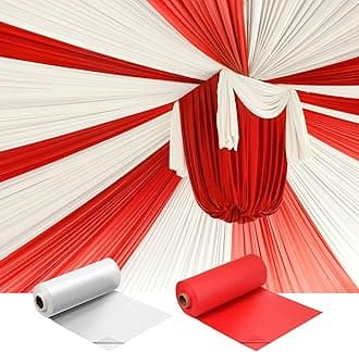 Moukeren 40 x 100'' Circus Tablecloth Roll Plastic Tablecloth Disposable DIY Carnival Tent Party Supplies for Big Top Tent Backdrop Curtains Ceiling Wall Drapes(White, Red,2 Roll)