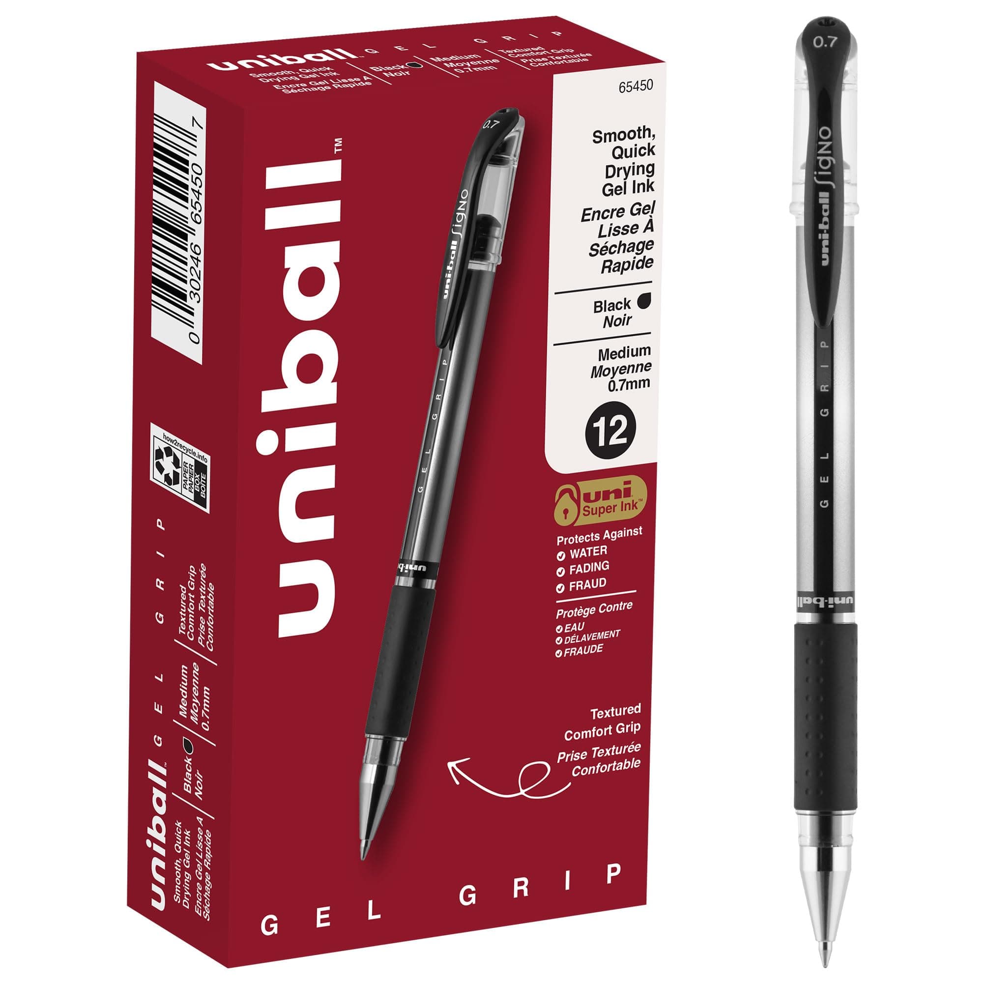 uniball Gel Grip Gel Pens, Medium Point (0.7mm), Black, 12 Pack